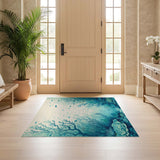 ODIKA Ocean Coral Reef Washable Area Rug - Teal Blue Coastal Low Pile Rug