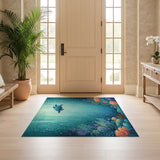 Washable Ocean Sea Turtle & Coral Reef Low Pile Area Rug