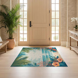 ODIKA Tropical Beach Washable Rug - Coastal Hibiscus & Palm Print Low Pile Non-Slip Area Rug