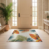 ODIKA Tropical Palm Leaf Washable Rug - Orange & Teal Low Pile Non-Slip Area Rug