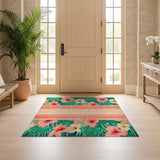 ODIKA Tropical Hibiscus Washable Area Rug - Pink Floral Palm Leaf Low Pile Rug