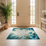 ODIKA Washable Blue Hibiscus Tropical Area Rug - Non-Slip Low Pile