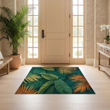 ODIKA Tropical Green Leaf Washable Rug - Non-Slip Low Pile Botanical Area Rug