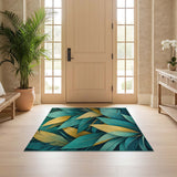 ODIKA Tropical Teal & Gold Leaf Washable Area Rug - Low Pile Non-Slip Indoor Carpet
