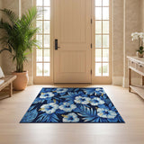 ODIKA Washable Blue Hibiscus Floral Area Rug - Low Pile Non-Slip Carpet