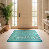 ODIKA Teal & White Coral Pattern Washable Area Rug - Low Pile Non-Slip Rug