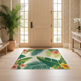 ODIKA Tropical Hibiscus Palm Leaf Washable Rug - Low Pile Non-Slip Area Rug