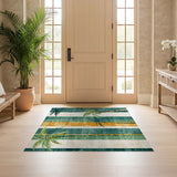 ODIKA Tropical Palm Tree Striped Machine Washable Area Rug - Low Pile Non-Slip Pet Friendly