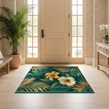 ODIKA Tropical Hibiscus Washable Rug - Green & Gold Palm Leaf Low Pile Area Rug