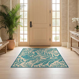ODIKA Washable Teal Bird & Botanical Leaf Area Rug - Low Pile Non-Slip