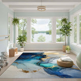 Navy Blue Gold Fluid Abstract Area Rug