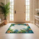 ODIKA Tropical Hibiscus & Palm Leaf Washable Area Rug - Non-Slip Low Pile Botanical Rug