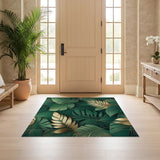 ODIKA Emerald Green & Gold Tropical Leaf Washable Area Rug - Art Deco Modern Low Pile