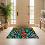 ODIKA Washable Vibrant Floral Area Rug - Low Pile Non-Slip Colorful Botanical Carpet