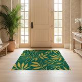 ODIKA Washable Emerald Green and Gold Botanical Leaf Area Rug - Low Pile & Non-Slip