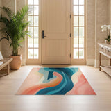 ODIKA Modern Abstract Coastal Waves Washable Rug - Low Pile Non-Slip Teal & Coral Art Decor