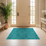 ODIKA Washable Tropical Leaf Teal Area Rug - Non-Slip Low Pile Botanical Carpet