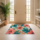 ODIKA Tropical Hibiscus Floral Washable Area Rug - Low Pile Non-Slip Machine Washable Carpet