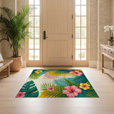 ODIKA Tropical Hibiscus Washable Rug - Pink & Teal Palm Leaf Low Pile Non-Slip Area Rug