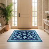 ODIKA Washable Coastal Sea Turtle Rug - Navy Blue Tropical Low Pile Non-Slip Area Rug