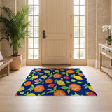 ODIKA Vibrant Tropical Fruit Washable Area Rug - Navy Blue Low Pile Non-Slip Carpet