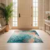 ODIKA Washable Coastal Coral Reef Area Rug - Non-Slip Low Pile Teal & Coral Pink Decor