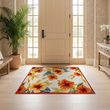 ODIKA Tropical Hibiscus Washable Area Rug - Low Pile Orange Floral Non-Slip Rug