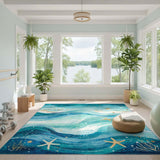 Blue Teal Ocean Waves Starfish Area Rug