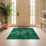 ODIKA Tropical Tiger Jungle Washable Rug - Green Low Pile Non-Slip Kids & Pet Friendly Area Rug