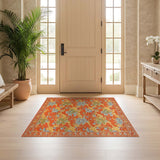 ODIKA Washable Vintage Floral Orange Area Rug - Non-Slip Low Pile Carpet