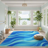 Blue and Teal Blue Swirl Wave Area Rug
