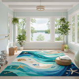 Coastal Ocean Waves Area Rug with Starfish and Seashells