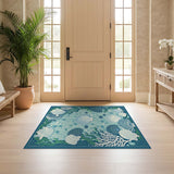 ODIKA Coastal Sea Shell Washable Area Rug - Teal Blue Nautical Low Pile Non-Slip Rug