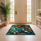 ODIKA Tropical Toucan Jungle Washable Area Rug - Low Pile Non-Slip Living Room Carpet