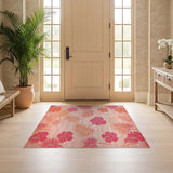 Vibrant Pink Hibiscus Tropical Washable Area Rug - Low Pile, Non-Slip & Pet Friendly