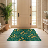 ODIKA Emerald Green and Gold Botanical Leaf Washable Area Rug - Low Pile & Non-Slip