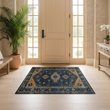 ODIKA Washable Southwestern Tribal Blue Area Rug - Low Pile, Non-Slip & Pet Friendly