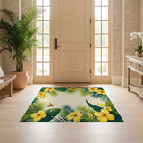 ODIKA Tropical Floral Washable Area Rug - Yellow Hibiscus & Palm Leaves Low Pile Design