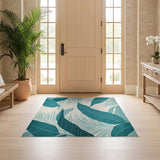 ODIKA Teal Tropical Palm Washable Rug - Non-Slip Low Pile Area Rug