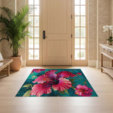 ODIKA Tropical Pink Hibiscus Washable Low Pile Area Rug - Non-Slip & Pet Friendly