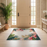 ODIKA Washable Tropical Floral Area Rug - Pink and Green Low Pile Palm Leaf Design