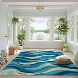 Blue Teal Wave Washable Area Rug