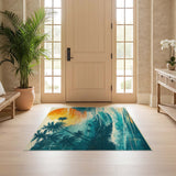 ODIKA Tropical Retro Sunset Washable Rug - Teal & Orange Coastal Art Low Pile Non-Slip Area Rug