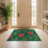 ODIKA Washable Tropical Botanical Area Rug - Teal & Orange Vibrant Low Pile Non-Slip Floor Mat