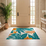 ODIKA Washable Tropical Palm Leaf & Hibiscus Area Rug - Teal & Orange Non-Slip Low Pile