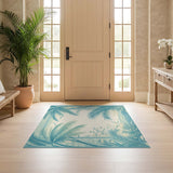Washable Tropical Palm Tree Area Rug - Teal & Cream Coastal Low Pile Non-Slip Rug