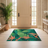 ODIKA Washable Tropical Leaf Area Rug - Non-Slip Low Pile Green & Coral Botanical Rug