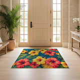 ODIKA Tropical Hibiscus Washable Area Rug - Non-Slip Low Pile Floral Decor