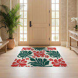 ODIKA Tropical Floral Red & Green Washable Area Rug - Low Pile Non-Slip Pet & Kid Friendly Carpet