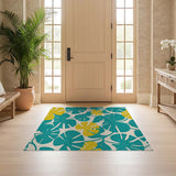 ODIKA Washable Teal & Yellow Botanical Leaf Area Rug - Low Pile Non-Slip Rug